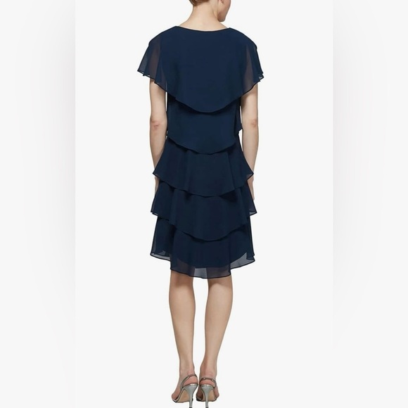 S.L. Fashions Short Sleeve Metallic Print Pebble Tier Dress in Navy - Picture 2 of 4